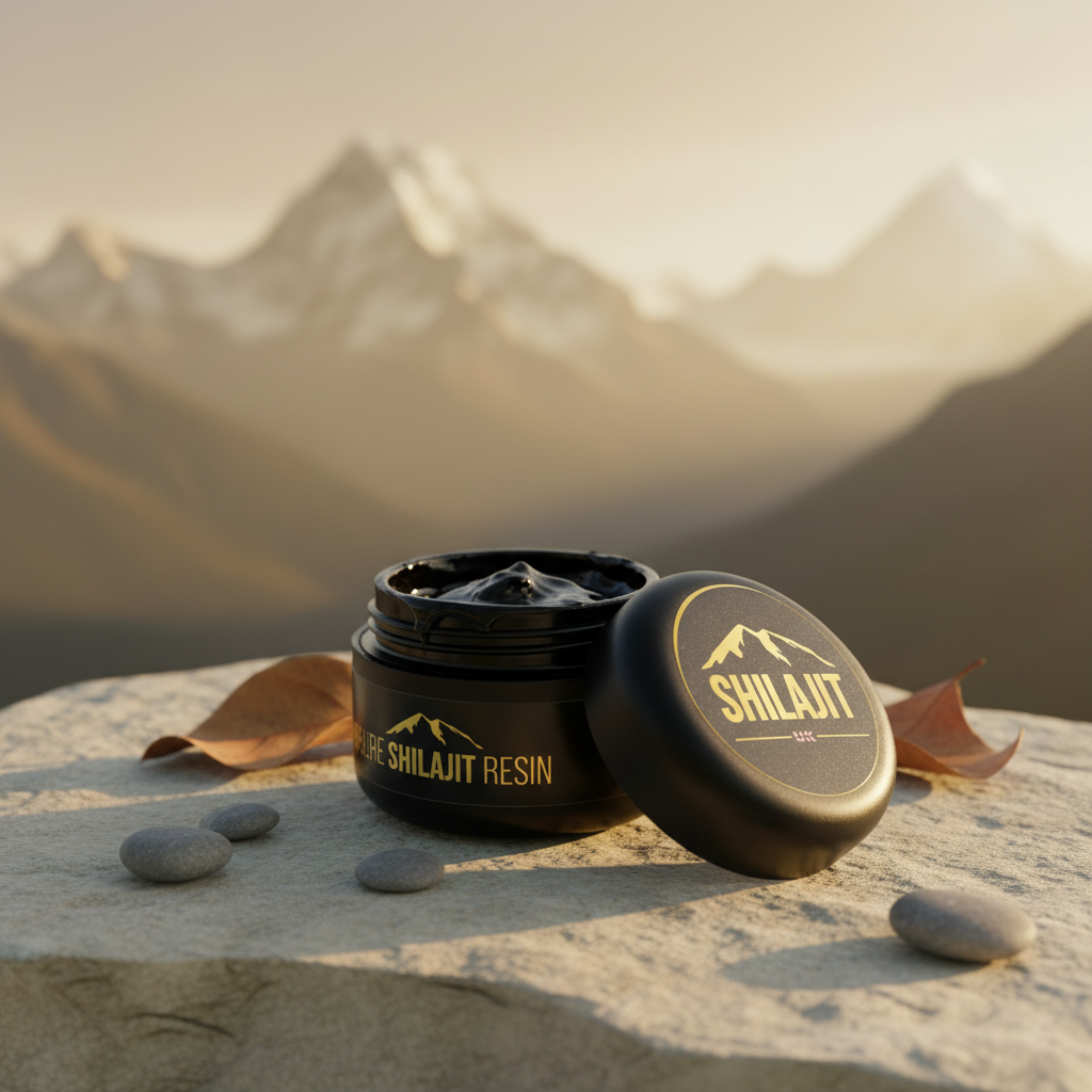 Open jar of pure Shilajit UK Himalayan Shilajit resin on a rock with mountains in the background